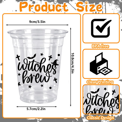 Whaline 50 Pcs 12 Oz Halloween Disposable Cup Witches Brew Plastic Party Cup Bat Clear Glasses for Coffee Juice Drink Party Supplies