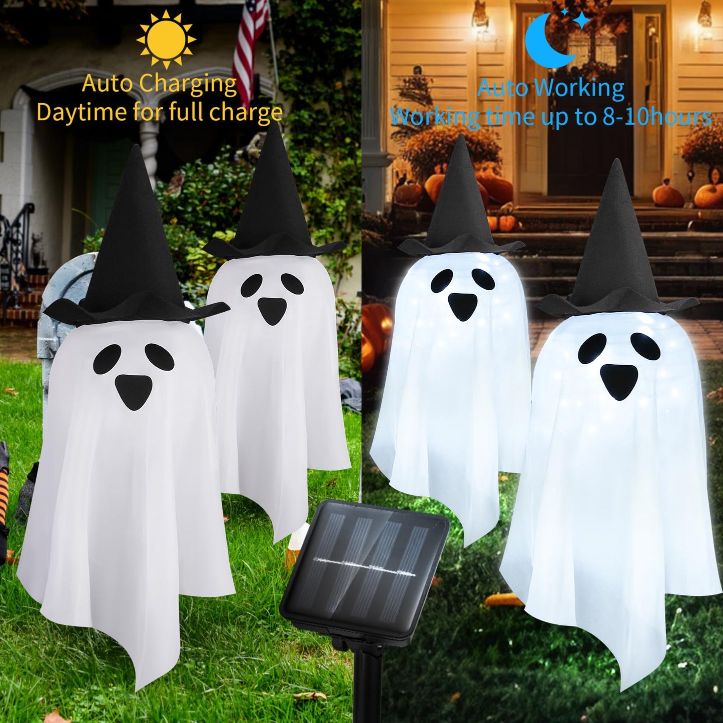 DAYLIGHTIR Solar Halloween Ghost LED Lights Outdoor, Set of 2 Big Ghost with Hat Stake Lights 2 Modes for Outdoor Halloween Pathway Yard Garden Decoration (Cool White-Ghost, 2 Pack)
