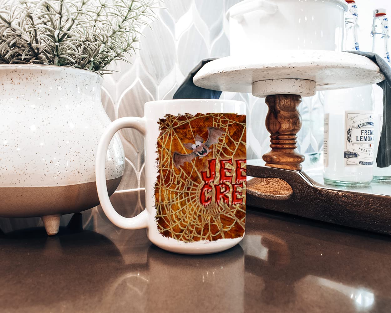 Caroline's Treasures SB3018CM15 Jeepers Creepers with Bat and Spider web Halloween Dishwasher Safe Microwavable Ceramic Coffee Mug 15 ounce, 15 ounce, multicolor