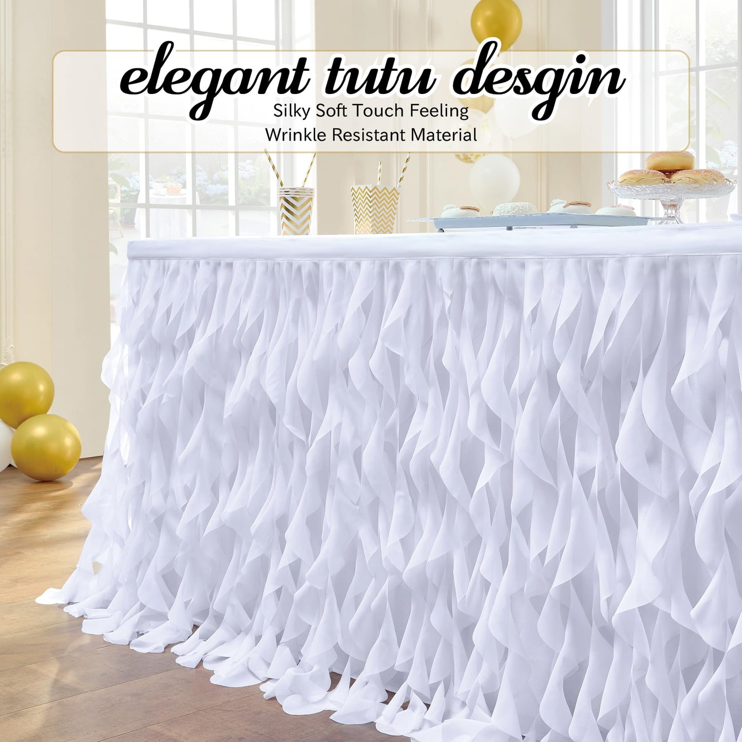 leegleri 72Inch White Tutu Table Skirt for Rectangle&Round Tables-Tulle Curly Willow Table Skirt Decorations, White Ruffle Tablecloth for Wedding Bridal Shower Birthday Party Decorations