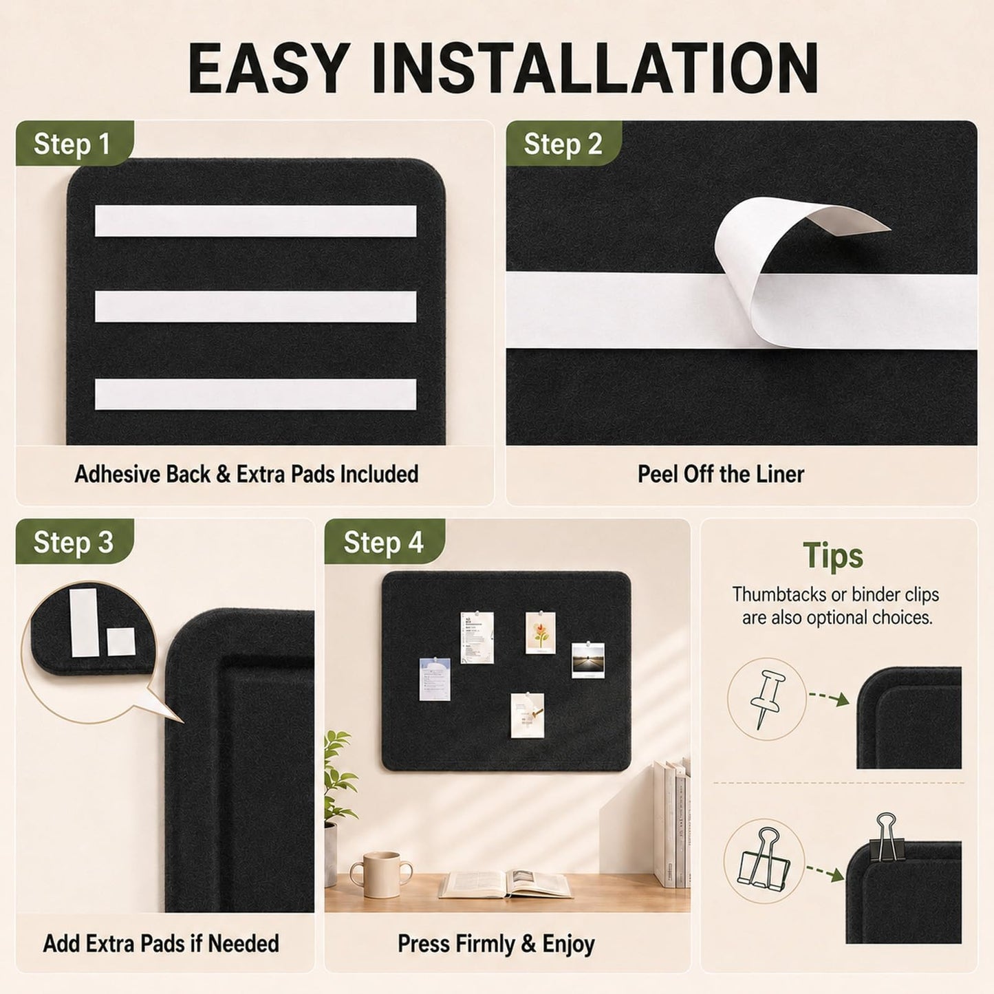 Felt Bulletin Board for Wall 24" x 18" Unfolded Size, Small Frameless Felt Pin Board, Soft Cork Board Alternative for Office, Home Planning, Notes, Photos & Wall Decor, Foldable Shipping, Easy Install