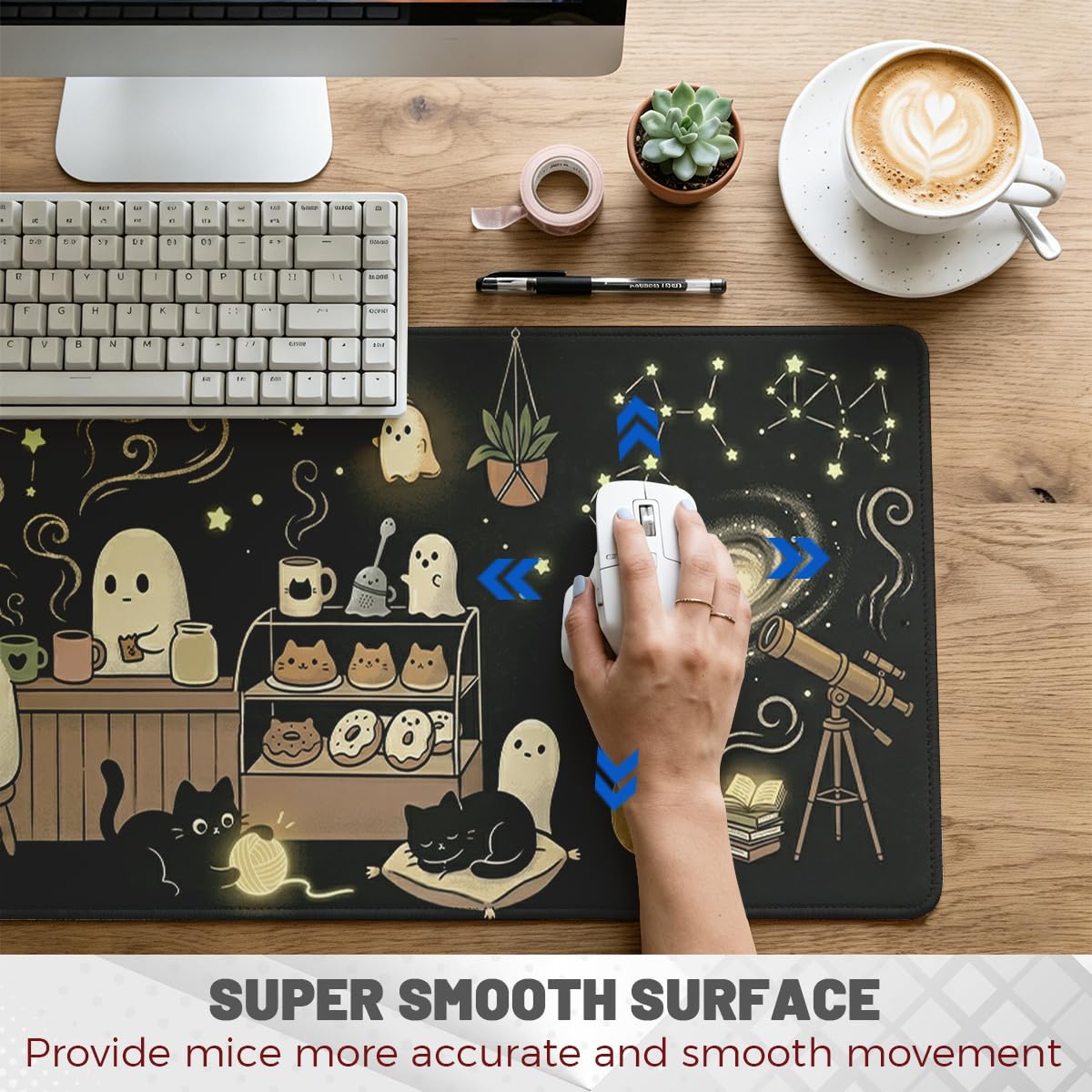 Cute Ghost Desk Pad Mouse Pad Halloween Cozy Spooky Black Cat Extended Gaming Mouse Pad Mat with Stitched Edge Non-Slip Base Big Mousepad 31.5 x 11.8 Inch