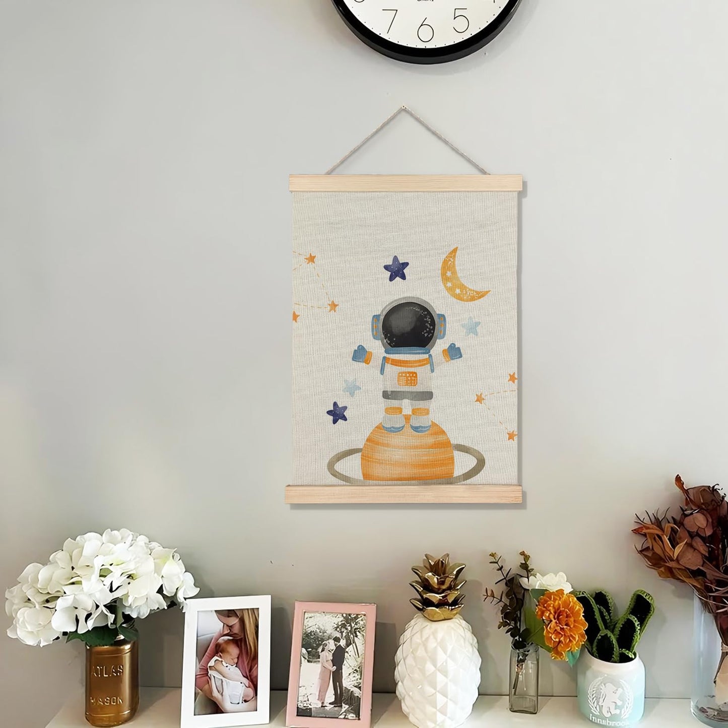 BearCake Spaceman Nursery Canvas Wall Decor Art Poster Hanger Frame, Space Prints Framed Wall Decor for Classroom Toddler Boys Room Nursery Playroom, 12x16 Inch