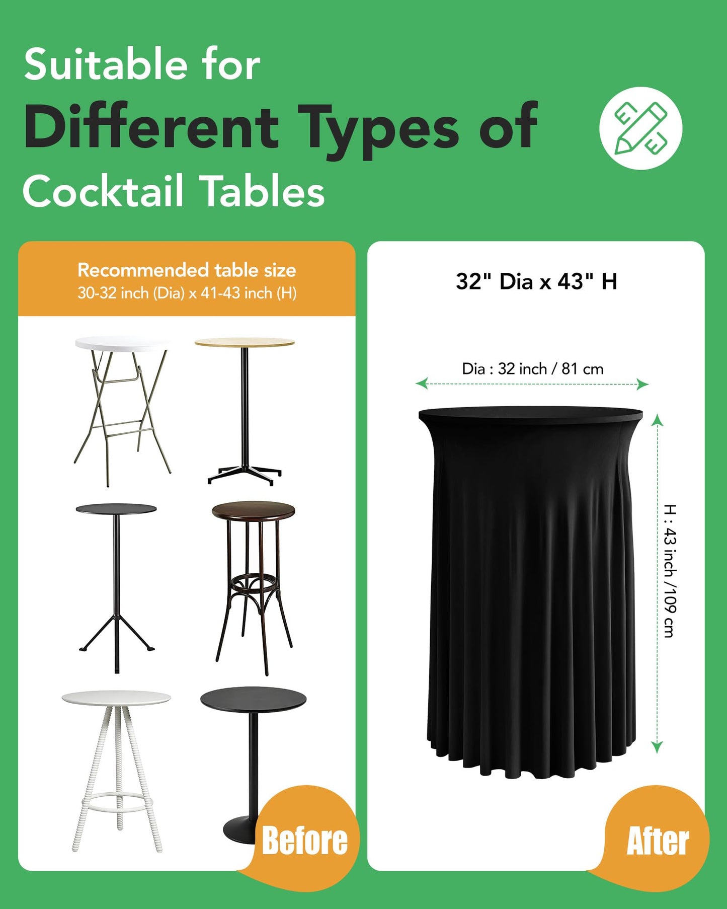 KeyWave Cocktail Table Tablecloth with Skirts - 32x43 Inch Wavy Spandex High Top Cocktail Table Covers, Ruffle Drape Highboy Tablecloth Reusable for Party Wedding Cake Standing Table, Black, 6 Pack