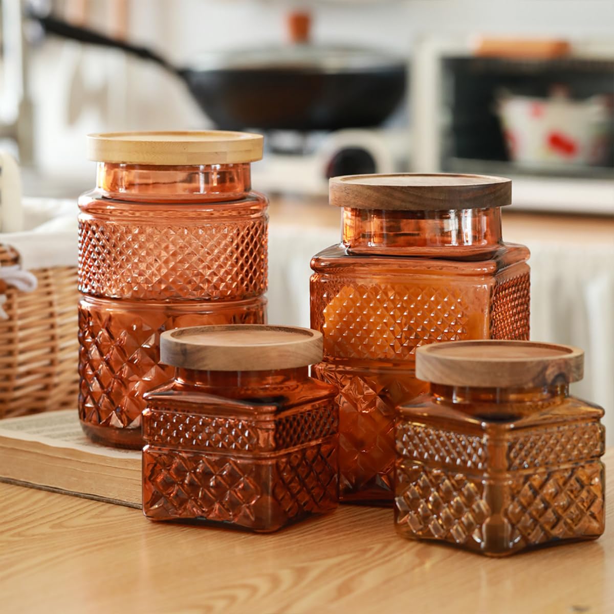 ANSQU Square Glass Canister, 61oz Candy Jar with Lid, Glass Food Storage Containers for Ground Coffee, Tea, Sugar, Decorative Mason Jar Cookie Jars (Amber)