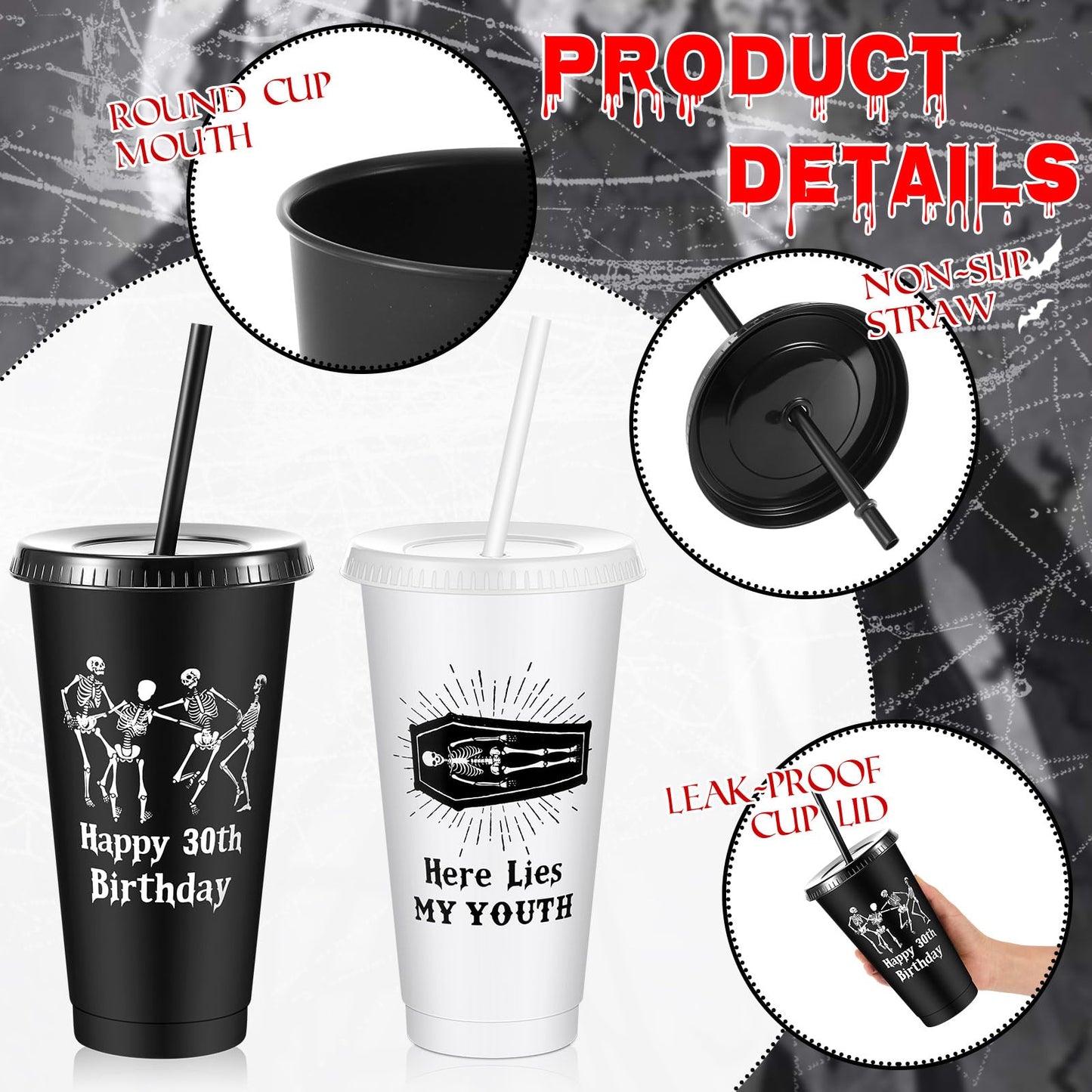 Uiifan 12 Pcs Gothic 30th Birthday Cups Death to My 20s Party Decorations Plastic Tumbler with Lid and Straw 24oz Reusable Cup Skull Design Happy Halloween Men Gifts Funny Supplies