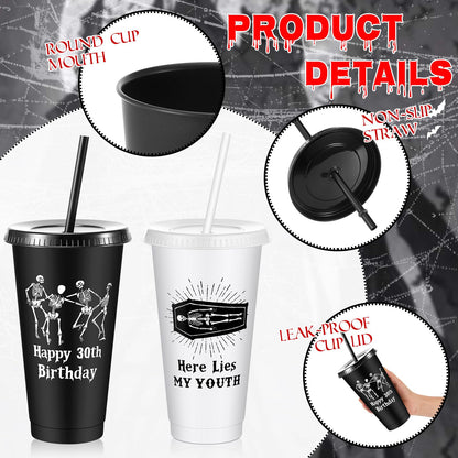 Uiifan 12 Pcs Gothic 30th Birthday Cups Death to My 20s Party Decorations Plastic Tumbler with Lid and Straw 24oz Reusable Cup Skull Design Happy Halloween Men Gifts Funny Supplies
