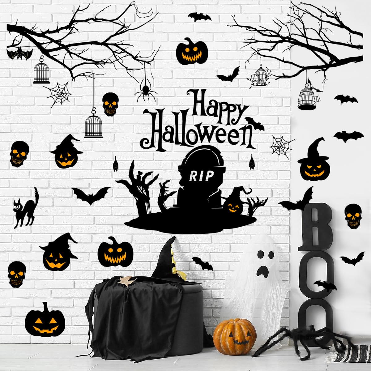 Happy Halloween Wall Decals DIY Black Tree Branches Bat Wall Stickers Funny Boo Pumpkin PVC Home Decal Self-Adhesive Festival Decoration for Holiday Home Party Classroom Office