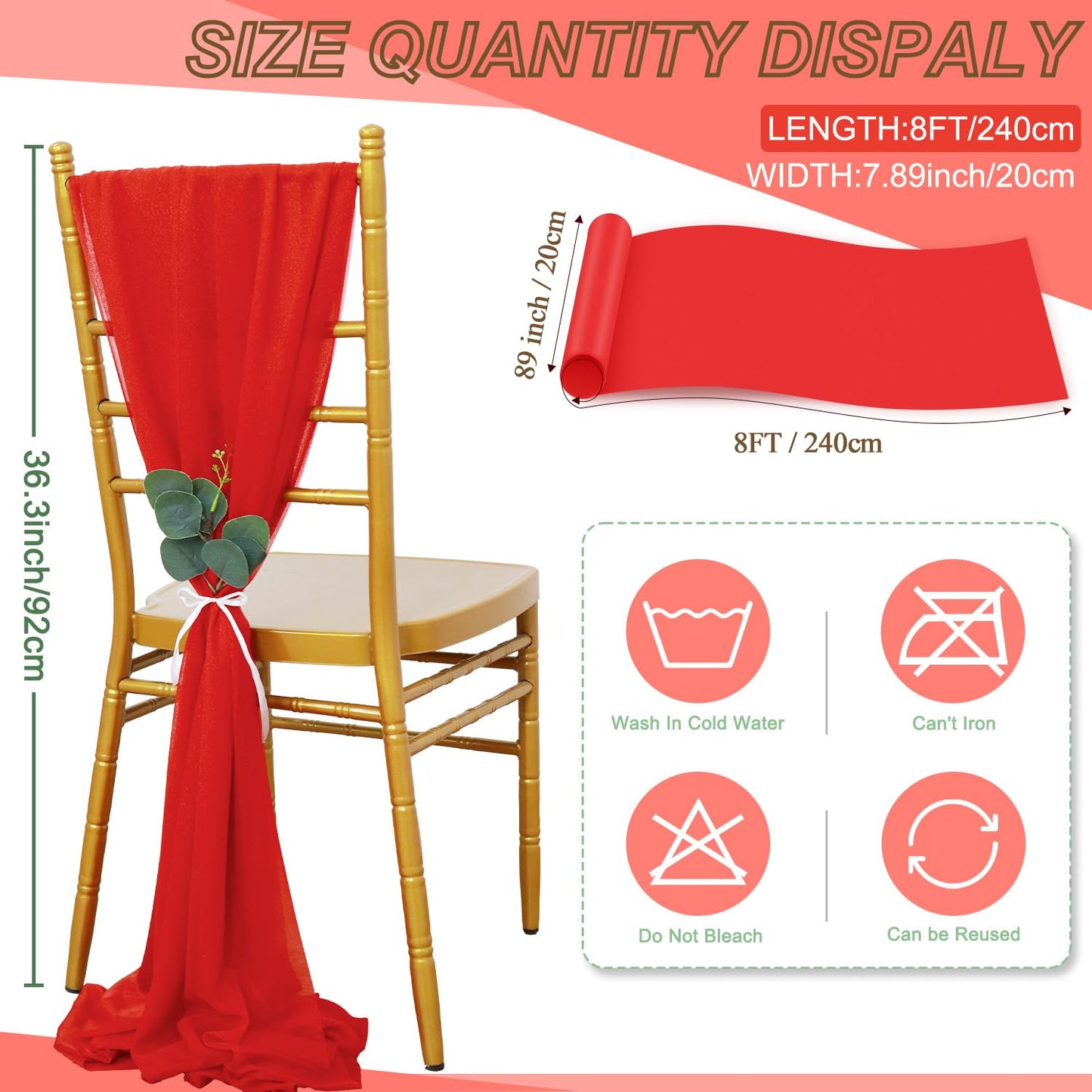 FUHSY Wedding Chair Sashes Upgraded 24 Pack 8FT Long Red Sashes for Chair Covers Aisle Decorations for Wedding Ceremony Sheer Chiffon Chairs Bows for Party Event Banquet Prom Decor