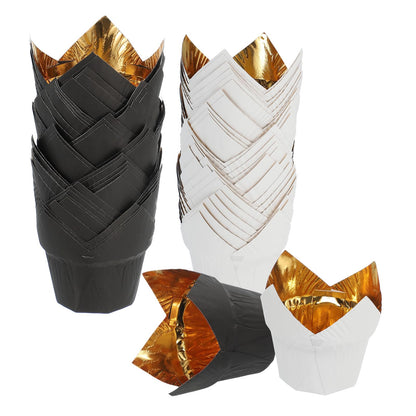 uxcell 50 Pcs Tulip Baking Cups Cupcake Muffins Liners Aluminum Foil Paper Greaseproof Wrappers for Weddings Birthday Party Festivals Christmas, Gold/White, Gold/Black
