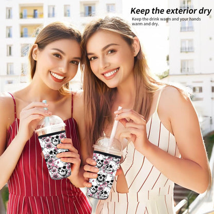 AMZXCFGL 3 Pack Reusable Neoprene Insulator Sleeve for Iced Coffee Cups, Cute Funny Coffee Cup Sleeve, Universal Fit 16-32oz Cups for Hot Cold Beverages Cute Floral Skull