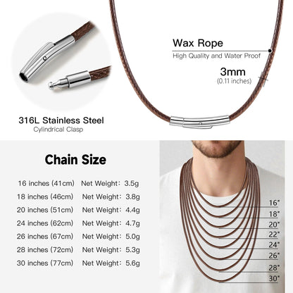 Oaldilee Mens Brown String Necklace Cord Leather Chain 3mm 22 Inch Braided Rope Jewellery Mens Waterproof Chain with Stainless Steel Clasp