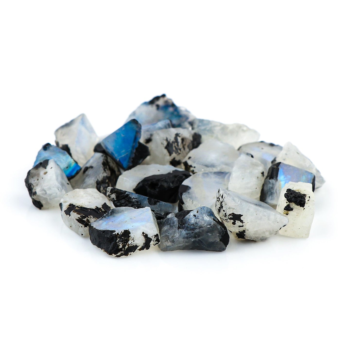 Gemkora 50 ct. Natural Blue Flash Raw Tourmilated Moonstone Crystal Rough Gemstone, Rock, Jewelry Making Supplies, Chakra Healing, Meditation, Art-DIY Stone, (8 to 10pcs) (10-15mm)