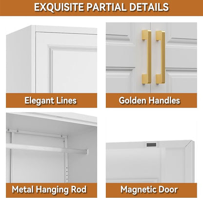 Polup Metal Armoire Closet, 86 Inch Tall Wardrobe Armoire with Hanging Rod, Almirah for Clothes with Doors, 18" D x 32" W x 86" H, White, Assemble Required, Shipped in Two Packages