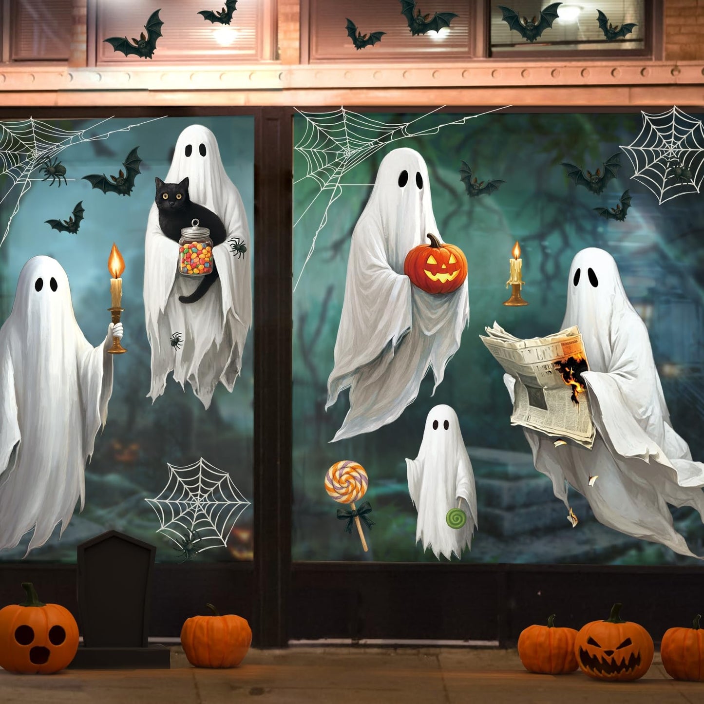 AhfuLife 4 Sheets Large Halloween Ghost Window Stickers Decorations, 16.9" x 35.4", Big Spooky Ghost Window Clings Double Side Reusable Decals for Halloween Home Bar Shop Street Party Decorations