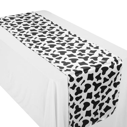 Newwiee 48 Stretch Chair Cover Sashes with 6 Table Runner 6 x 14 Inch Elastic Chair Band Ties 14 x 108 Inch Table Runner for Family Banquet Party Decoration(Cow Stripe)