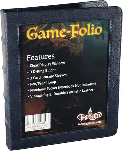 Forged Dice Co. Game-Folio PU Leather Portfolio Binder - Gaming Binder for DND Character Sheets with DND Spell Cards Organizer and Clear Front Pocket - Compatible with Dungeons and Dragons RPG - Blue