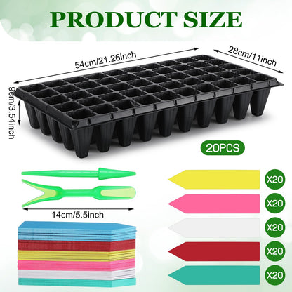 Vesici 20 Pcs 50 Cell Deep Root Seed Starting Trays 3.54" Depth Seedling Plastic Nursery Trays Bulk Thick Plastic Starter Cups for Plants with 120 Labels 2 Plant Tool Germination Gardener Supply