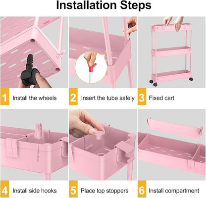 SPACELEAD Slim Storage Cart 3 Tier,Bathroom Organizer Rolling Utility,Mobile Shelving Unit Slide Out for Office, Kitchen, Laundry Room & Narrow Places,Pink