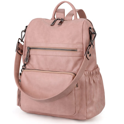 UTO Women Backpack Purse Oil Wax PU Leather Ladies Fashion Designer Rucksack Convertible Travel Shoulder Bag with Tassel Pink