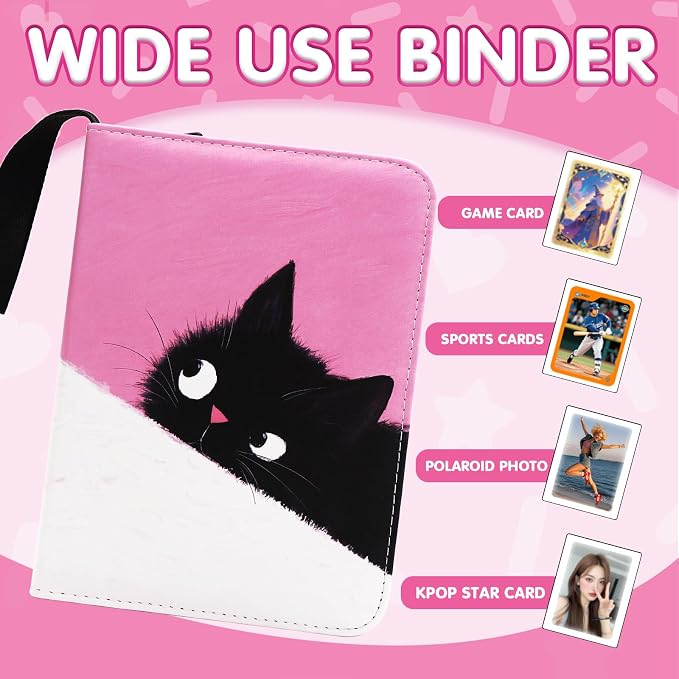 Cute Cat Card Binder, 400 Pocket Card Album for Girls Gifts, Black Cat kitten Trading Game Card Holder Album for Standard Size Cards, Collectible Game Collection Case (Pink)