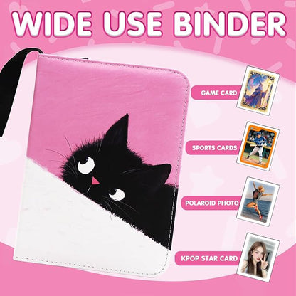 Cute Cat Card Binder, 400 Pocket Card Album for Girls Gifts, Black Cat kitten Trading Game Card Holder Album for Standard Size Cards, Collectible Game Collection Case (Pink)
