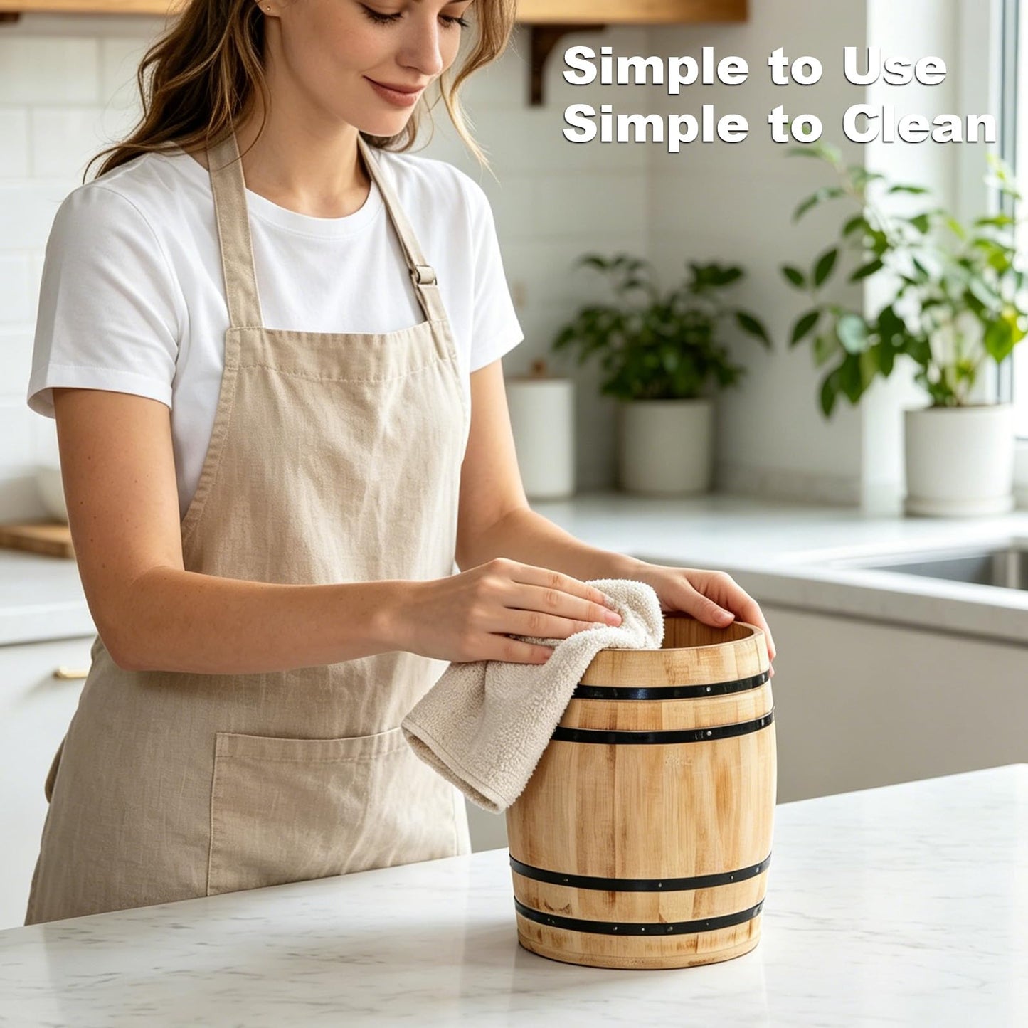 Catheralysia Light Brown Wooden Utensil Holder, Solid Wood Barrel Shaped Kitchen Utensil Crock, Farmhouse Style Kitchen Storage Bucket, Countertop Cooking Tool Organizer for Home Decor & Gift
