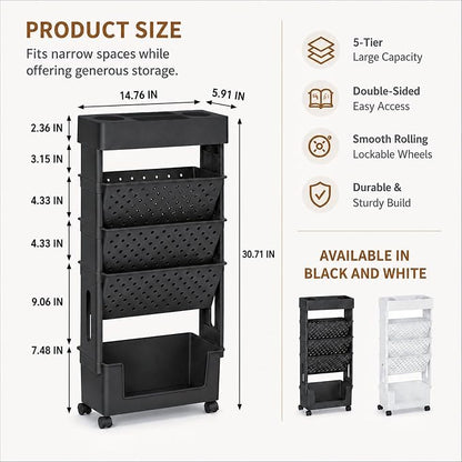 5-Tier Rolling Bookshelf, Book Storage Organization with Wheels Mobile Bookshelves Cart for Home Office Kids' Study Room School, Black