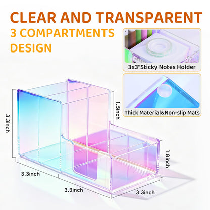 Iridescent Acrylic Desk Organizer with 3 Compartments - Clear Pencil Holder for Office, School & Home - Large Capacity Stationery Storage for Pens, Scissors, Sticky Notes, Paper Clips - Non-Slip Base