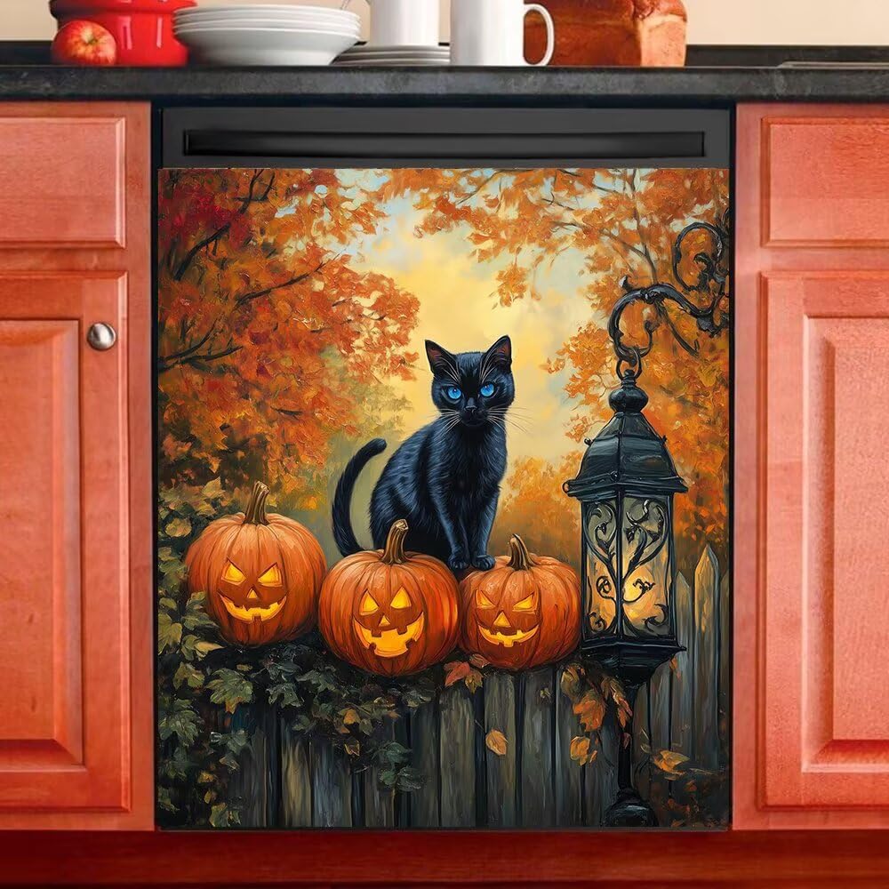 Halloween Black Cat Dishwasher Magnet Cover, Fall Garden Pumpkin Lantern Dish Washer Ccovers for The Front Magnetic Panel Decal, Refrigerator Magnets for Kitchen Decorative Sticker, 23"x26"