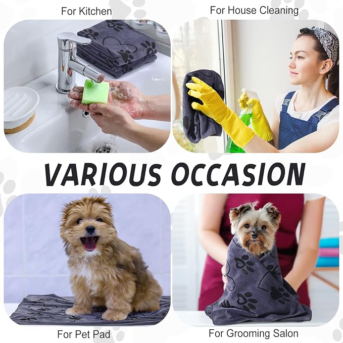 Fanfanwin 4 Pcs Dog Bath Towels Microfiber Drying Dog Towel Absorbent Pet Heart Paw Towels for Medium Dogs Puppy Cats Pets Shower(Gray)