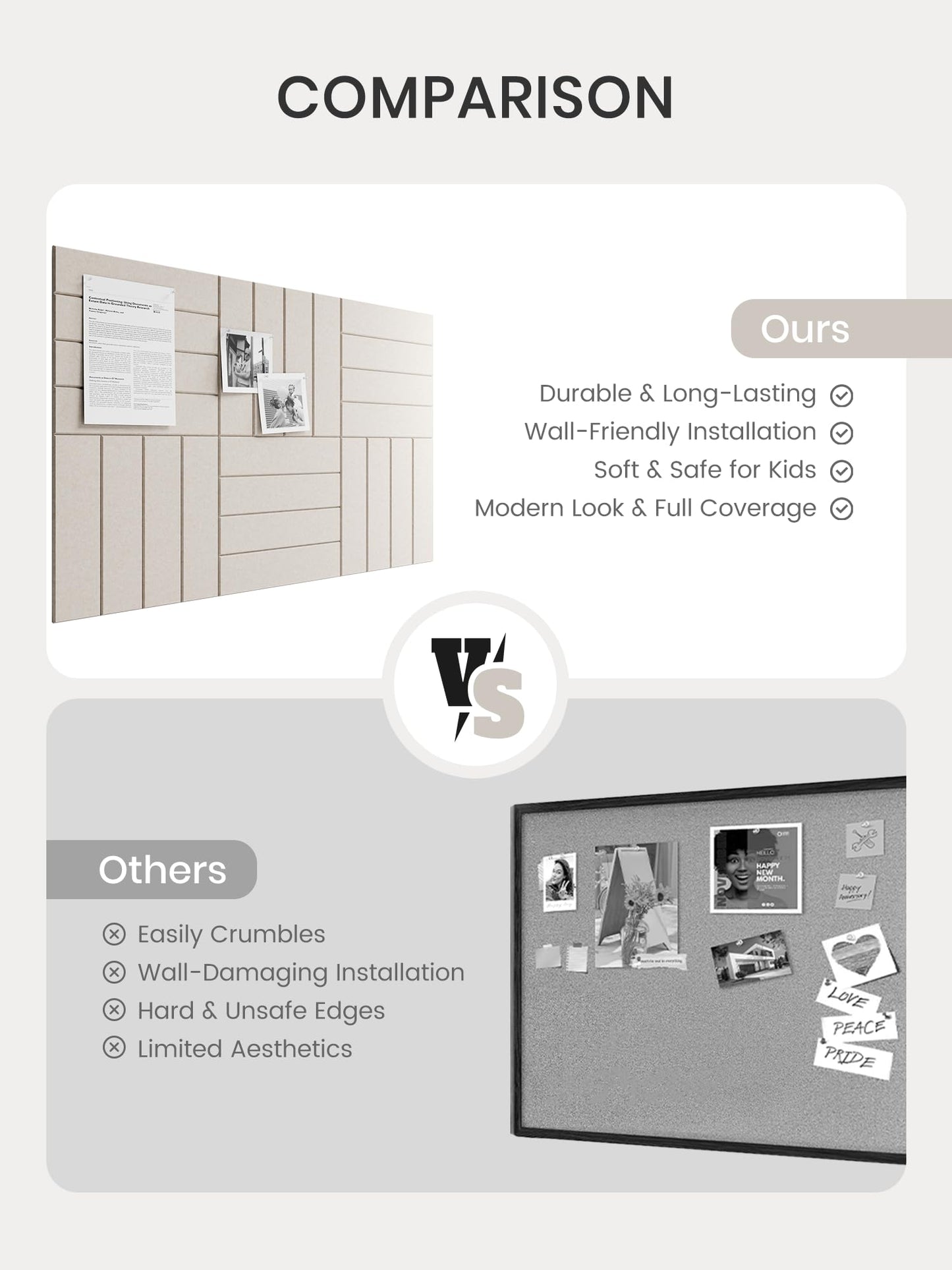 Bumusty Large Cork Board Alternative-36 x 24" Felt Bulletin Board Tiles, with 30 Pushpins, 40 Adhesive Tabs, Bold-Stripe 6-Pack, Cork Boards for Office Push Pin Board Felt Board-Oatmeal