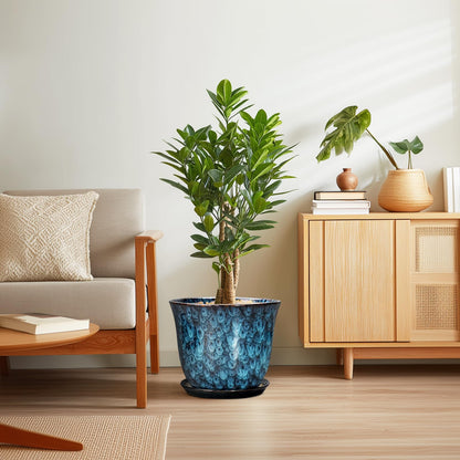 SUNPOTFOR Ceramic Plant Pots - 12 Inch Pots for Plants Indoor Outdoor, Large Round Planter with Drainage Hole and Saucer, Modern Decorative Flower Pot, Home Garden Decor, House Warming Gifts, Blue