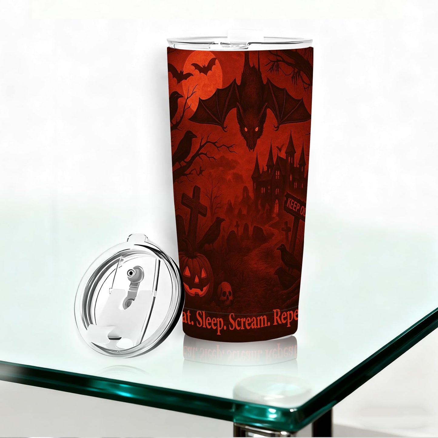 TWILFLNEX Halloween 20 Oz Tumbler With Straw Lid, Stainless Steel Insulated Travel Mug, Spooky Bats Haunted House Gothic Art, Pumpkin Skull, Car Cup Holder Friendly