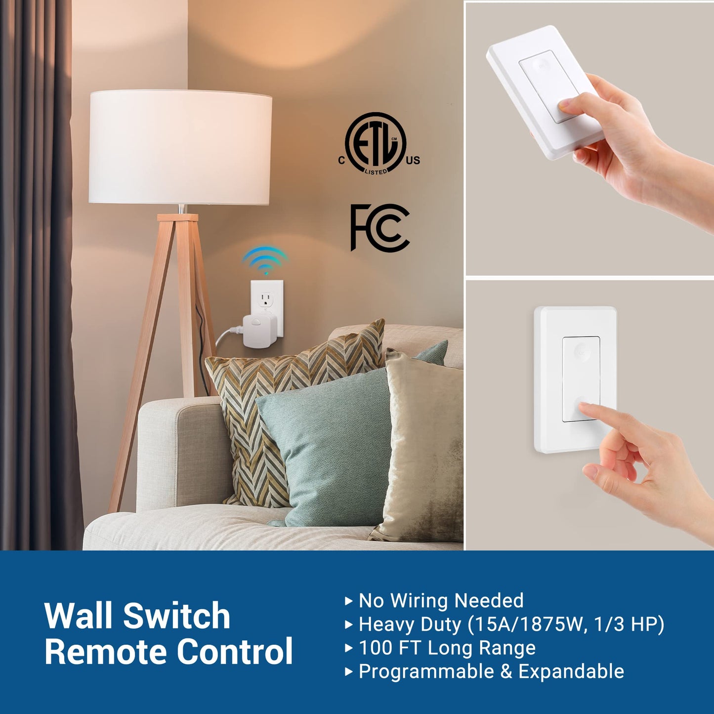 DEWENWILS Wireless Remote Wall Switch and Outlet, No Wiring Remote Control Outlet Light Switch, Expandable, 15A/1875W, 100ft RF Range, Compact Side Plug, ETL Listed (1 Outlet and 2 Remotes)