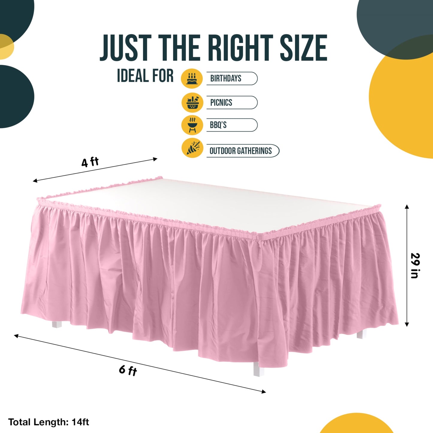 Exquisite Pink Table Skirt 6 Pack - Disposable Plastic Table Skirts for Rectangle Tables 6ft 8ft & Round Tables - 29in x 14ft Self-Adhesive Strip - Birthday Wedding Gender Reveal Decor