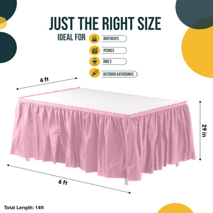 Exquisite Pink Table Skirt 6 Pack - Disposable Plastic Table Skirts for Rectangle Tables 6ft 8ft & Round Tables - 29in x 14ft Self-Adhesive Strip - Birthday Wedding Gender Reveal Decor