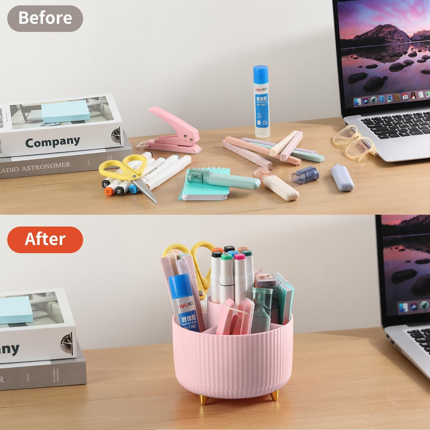 EDENMS Desk Pencil Pen Holder, 5 Slots 360°Degree Rotating Organizers for Desk, Desktop Storage Stationery Supplies Organizer, Cute Cup Pot Office, School, Home, Art Supply, Pink