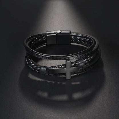 Arcutina Men's Black Leather Multi-Strand Bracelet Casual Brown Braided Bracelet (Multi-layer with Cross, Length 7.5'')