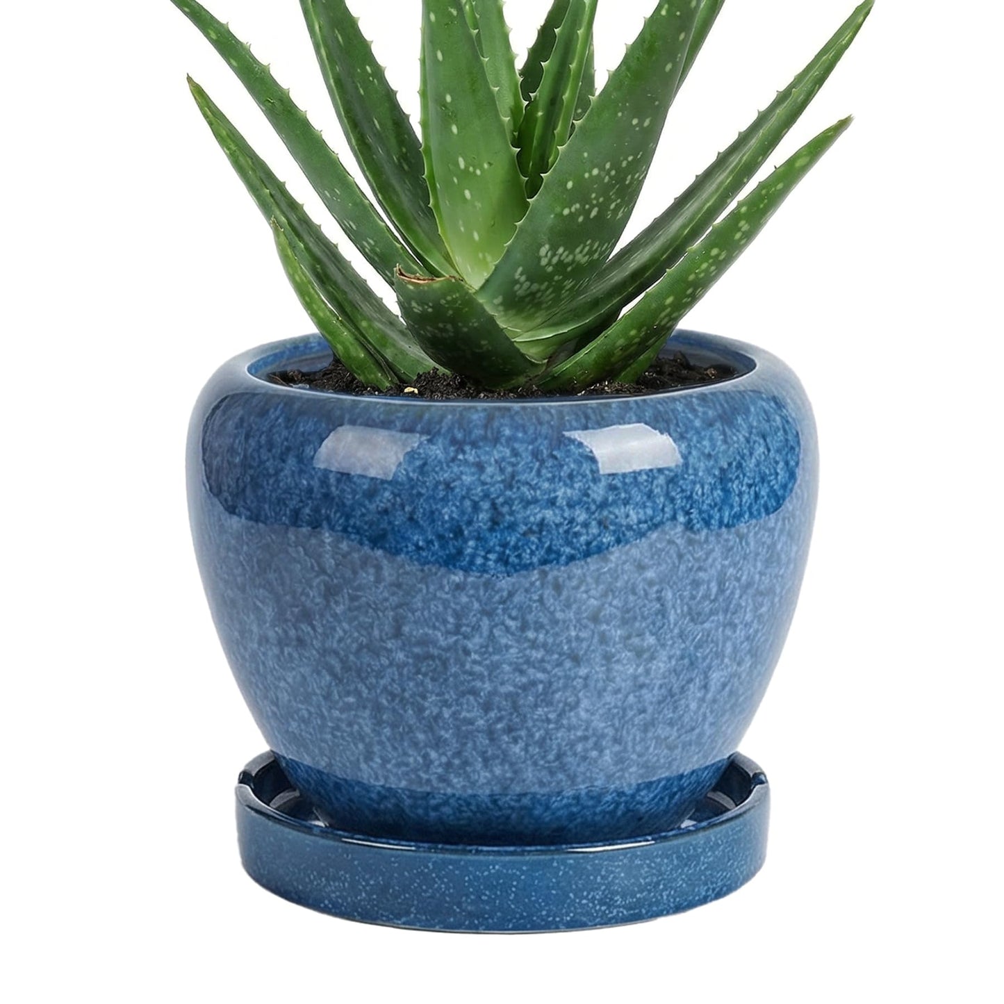 TOSELBAI 8.3 Inch Ceramic Planter with Saucer Leak-Proof Mesh &Drainage, Round Plant Pot with Gardening Gloves for Indoor Outdoor Plants (Sapphire Blue Glaze)