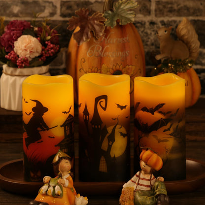 OWLBAY Set of 3 Halloween Flickering Flameless Candles with Remote and Timer, Real Wax Battery Operated LED Pillar Candles Assorted Decals Witch, Bats, Castle for Holiday Decor (D 3" H 6")