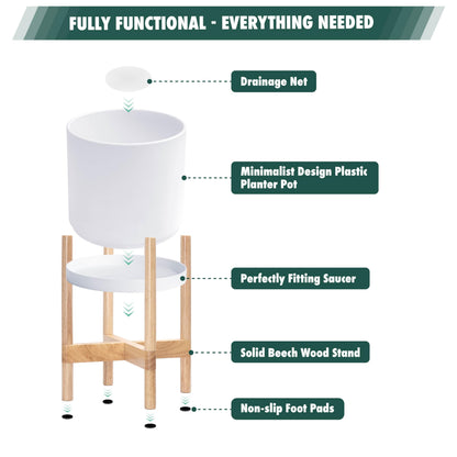 D'vine Dev Planter Pot with Stand - 8 Inch Plastic Cylinder Flower Pot with Wood Planter Holder for Indoor, Matte White Pot + Natural Stand, 55-C-J-1