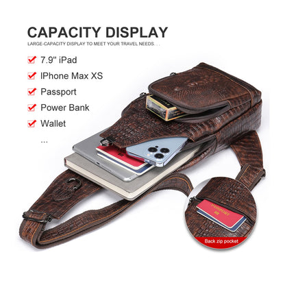 NIUCUNZH Crocodile Pattern Leather Sling Bag with Leather Strap, Zipper Crossbody Shoulder Bags Purse for Travel Hiking Brown