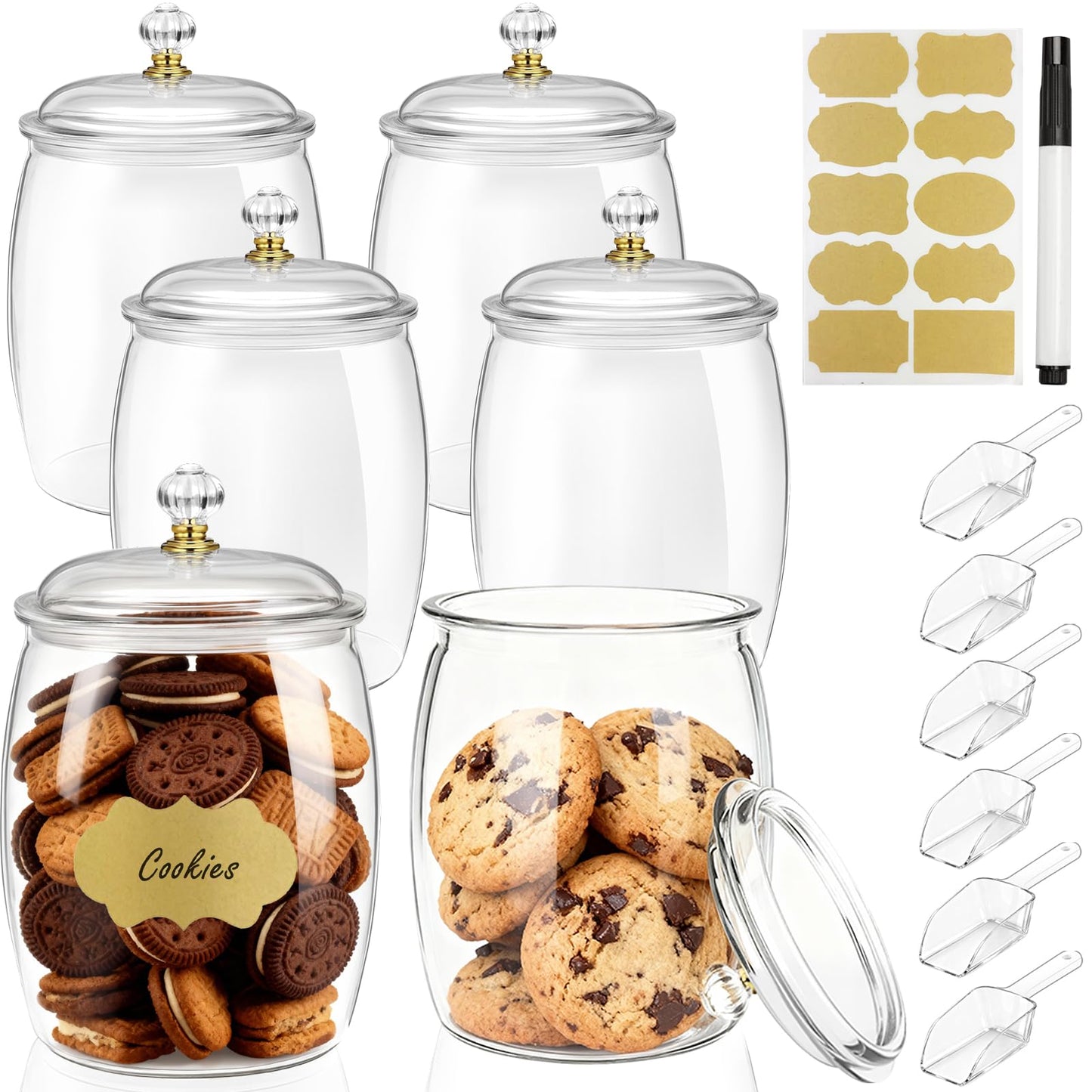 FALUCKYY 6 PCS Plastic Candy Jars with Lids, 2.2L 74oz Airtight Food Storage Canisters, Apothecary Cookie Jars for Kitchen Pantry, Includes 6 Scoops, Pen & Labels