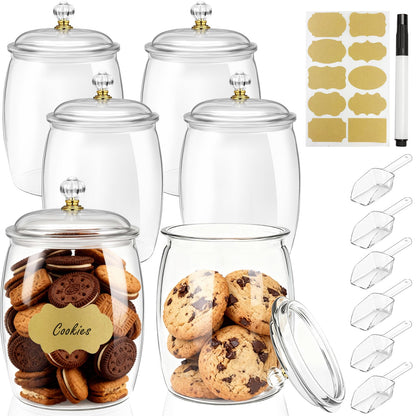 FALUCKYY 6 PCS Plastic Candy Jars with Lids, 2.2L 74oz Airtight Food Storage Canisters, Apothecary Cookie Jars for Kitchen Pantry, Includes 6 Scoops, Pen & Labels