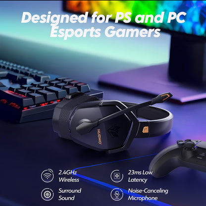 NUBWO G06 Dual Wireless Gaming Headset with Microphone for PS5, PS4, PC - 23ms Low Latency Audio - 100-Hour of Playtime - 50mm Drivers (Black-Orange)