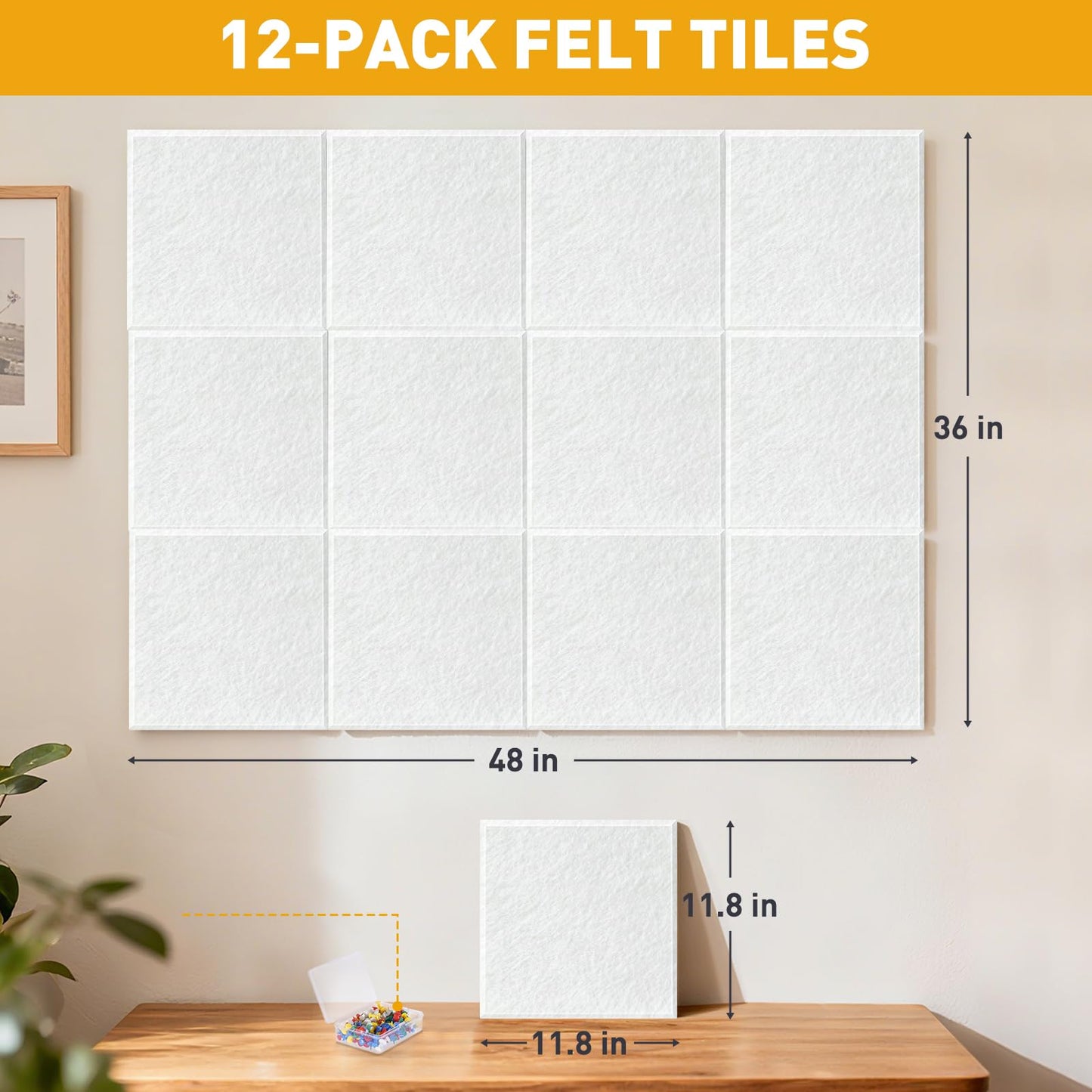 QUEENLINK Large Cork Board 48"x36", 12-Pack Self-Adhesive Felt Bulletin Board Tiles with 120 Push Pins, Square Felt Wall Panels Pin Board Tack Board Wall Organizer for Home Office Decor, White