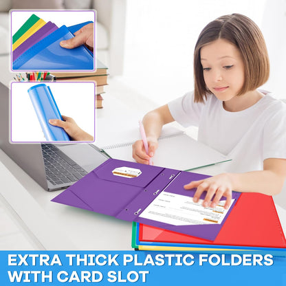 Henoyso 18 Pcs Plastic Folder with Clear Front Pocket and 3 Prong Plastic Folders with Card Slot Pocket Folders with Prongs for School Office (Colorful)