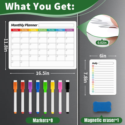 FINDMAG 4 Pack Magnetic Whiteboard for Fridge, 16.5"x11.8" Magnetic Calendar for Planner 2026, Kitchen White Board, Fridge Calendar for Cleaning Schedule and Checklist(1 Eraser, 8 Markers)