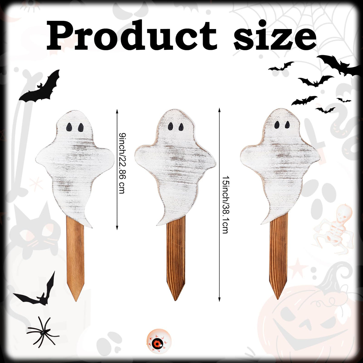 Amyhill 6 Pcs Wooden Halloween Ghost Yard Stakes 15'' Farmhouse Yard Signs Garden Decorations for Holiday Outdoor Lawn Patio Pathway Driveway Party Supplies, 3 Designs